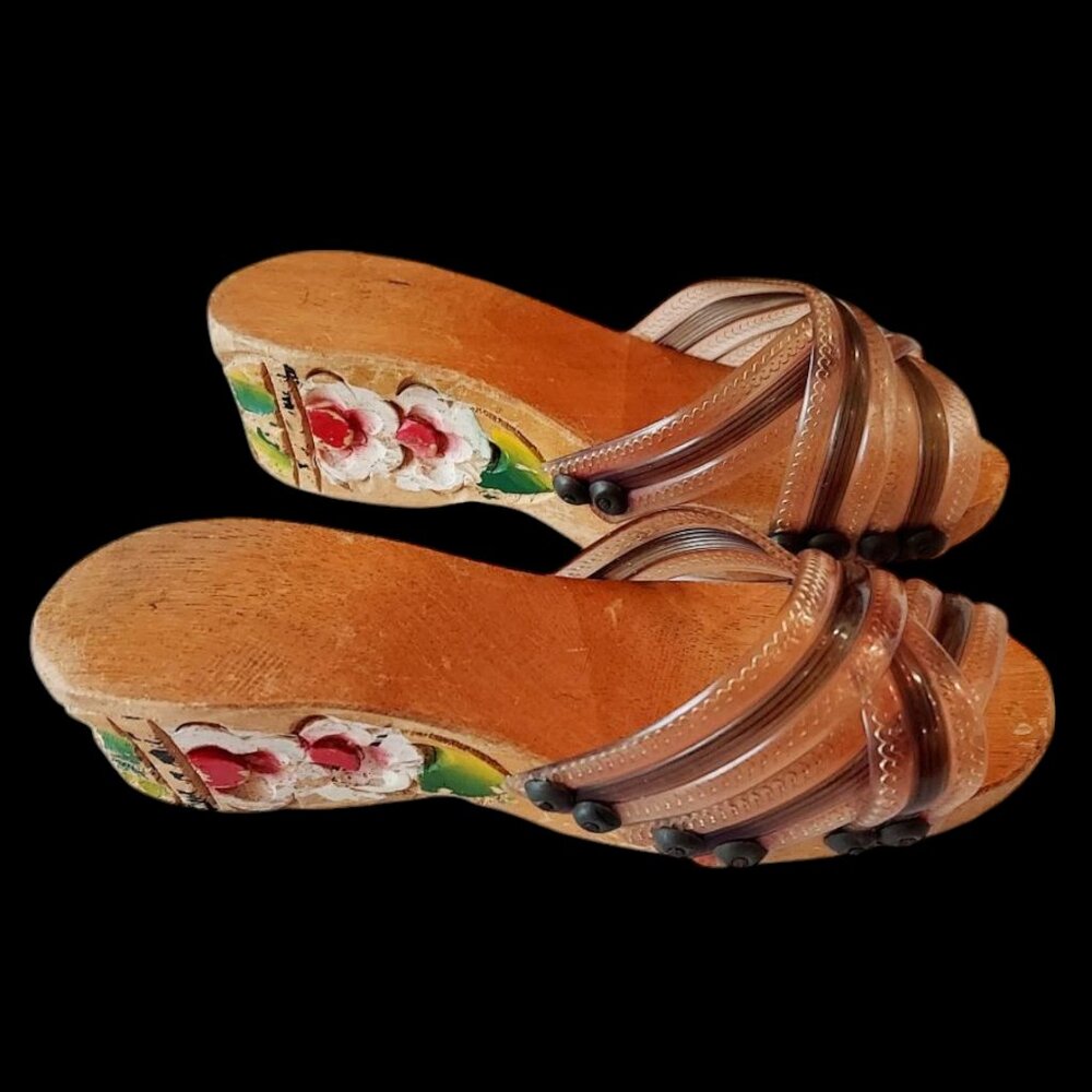 Rare 1940s Philippines Wedge Sandal Childs Shoe Hand Painted Carved Wood WWII